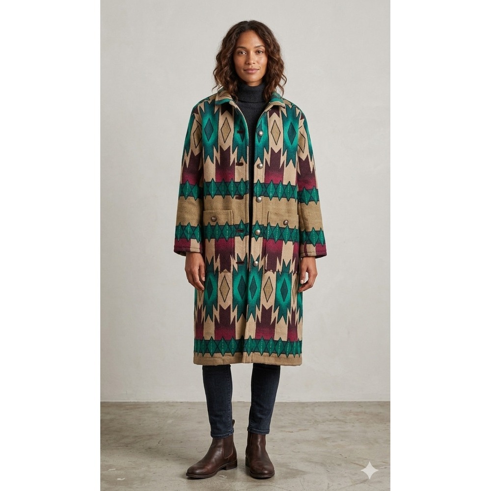 Handmade Southwestern Longline Duster Coat L Green Burgundy Geometric Cotton VTG